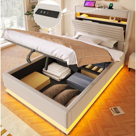 Lit capitonné moderne 90x200 cm en tissu aspect lin beige, avec tête de lit, LED, USB/Type-C et coffre hydraulique