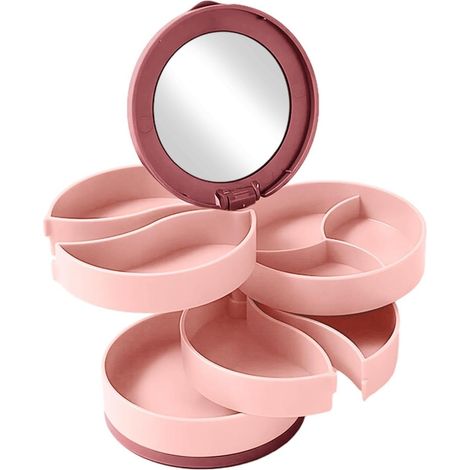 Boîte à bijoux de voyage Miroir rotatif à 360°, antidérapant - Grande boîte à bijoux de voyage - Plusieurs compartiments pour montres, colliers, bracelets, bagues, boucles d'oreilles, pour la maison, (1/5)