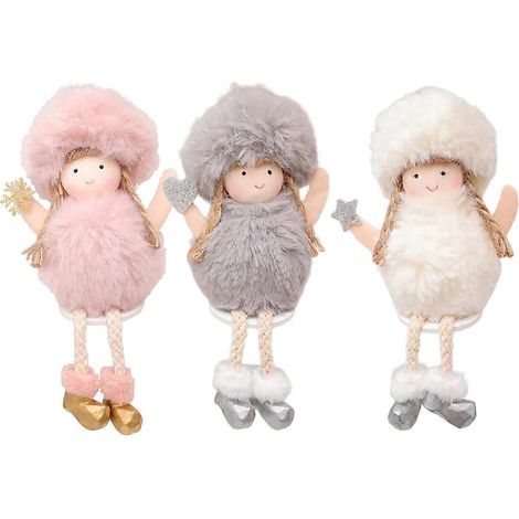 1 lot de 3 poupées de Noël en peluche à suspendre, anges, décorations de Noël (blanc, rose, gris)-16.5X8cm