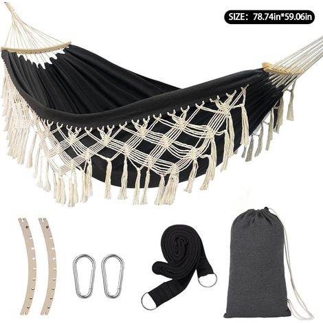 1 Hamac double en coton, barres en bois anti-bascule, cordes en lin, sac de transport, pour jardin, terrasse, camping (1/5)