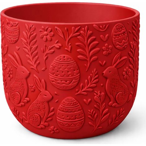 Pot de fleurs rouge de Pâques avec lapins, cache-fleurs décoratif printanier (1/3)