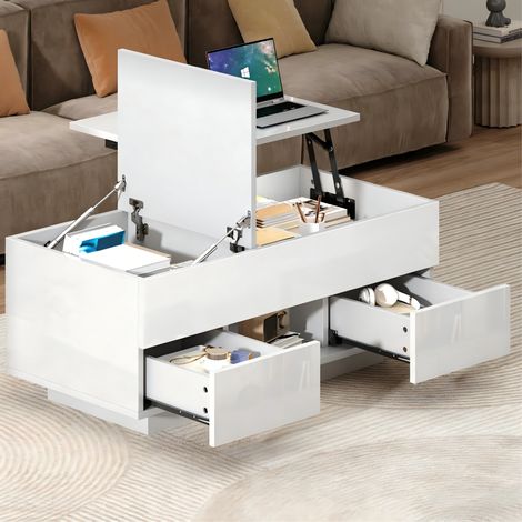 Table basse relevable avec LED, 2 tiroirs et rangement caché, 100 x 45 x 43 cm, blanc DESVIAE (1/5)