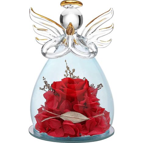 Geschenk zum Muttertag oder Geburtstag: Engelsfigur aus Glas, verziert mit hübschen lila Blüten – 11 x 7,5 cm – Roter Engel (1/5)