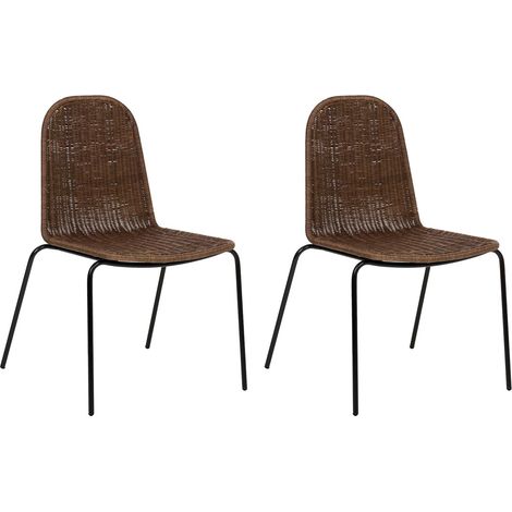 Set di 2 sedie con gambe in ferro, schienale e seduta in rattan, senza braccioli, stile boho marrone scuro Roxton