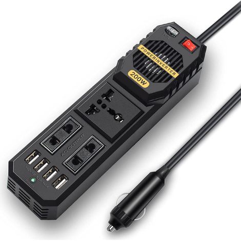 Onduleur 200W, convertisseur de Voiture DC 12V à AC 220V avec 2 Prises de Chargeur et 4 Ports USB Adaptateur de Prise Allume-Cigare (1/5)