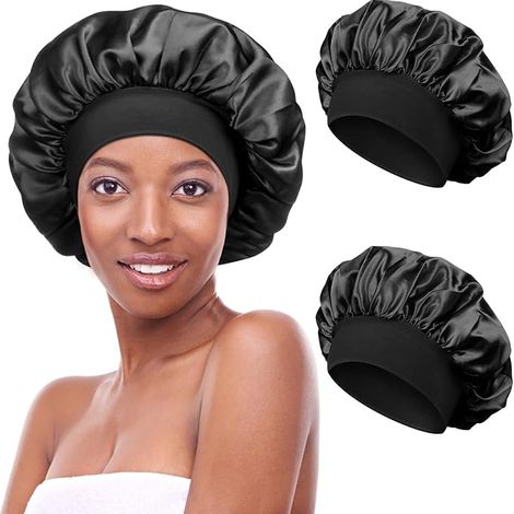 2 Stück Schlafmütze Satin Bonnet Nacht Schlaf Mütze Verstellbare Schlafkappe Kopfbedeckung Weiche Kopfhaube Schlafhaube Seide mit Gummizug für Damen und Mädchen Schwarz (1/5)