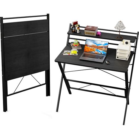 Haloyo® Table d'ordinateur pliante, Bureau d'ordinateur, Bureau avec Étagères, 80X50X107cm, noir (1/5)