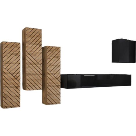 Insieme mobile soggiorno SWITCH III – Quercia e Nero – Finiture effetto quercia fresata e lucida – Design moderno (1/5)