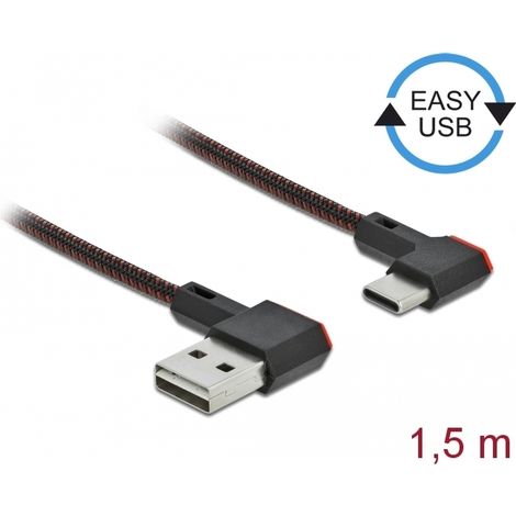 Delock Cable EASY-USB 2.0 Tipo-A macho a USB Type-C⢠macho, sesgado hacia la izquierda y hacia la derecha, de 1,5 m y negro