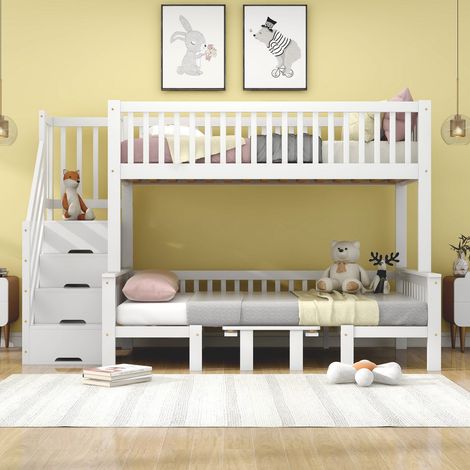 Lit superposé 90x200cm & 120x200cm avec table réglable, escalier de rangement et garde-corps, blanc (1/5)