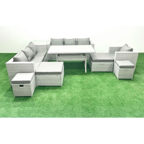 Fimous Rattan Gartenmöbel Essgarnitur 11 Sitzer Lounge Sofa Stuhl Esstisch Set mit 4 Hockern Beistelltisch Hellgrau gemischt (1/4)
