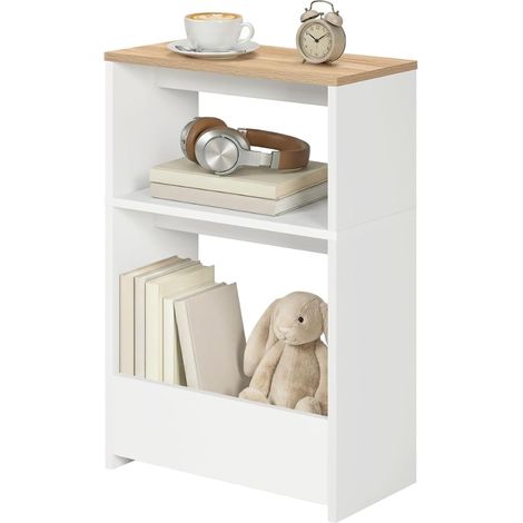 Table d’Appoint Étroite à 3 Niveaux Table de Chevet avec Espace de Rangement pour Canapé Salon Chambre Bureau Cuisine Balcon Blanc et Couleur Bois AETBN7501 (1/5)