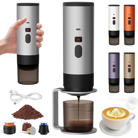 Machine a Cafe Portable avec Support,Nouveau Cafetière Portable 3 en 1,Affichage Intelligent Machine a Cafe,Rechargeable Cafetiere Electrique Compatible avec Cup et Café Moulu (Blanche-1)