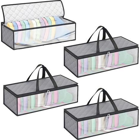 Set di 4 grandi sacchi portaoggetti pieghevoli con manici, ideali per riporre i vestiti sotto il letto, 61 x 20 x 21 cm, grigi. (1/5)