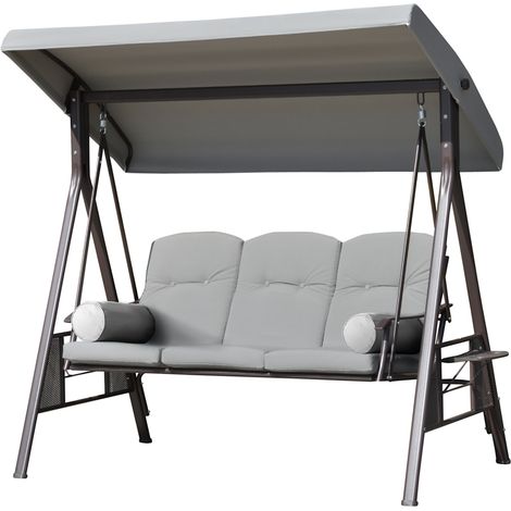 Balancelle 3 places toit inclinaison réglable coussins plateaux polyester gris clair 116 x 206 x 183 cm