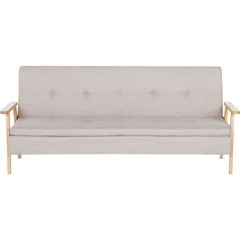 Sofá cama 3 plazas de tela poliéster beige estructura madera maciza reposabrazos click clack moderno Tjorn