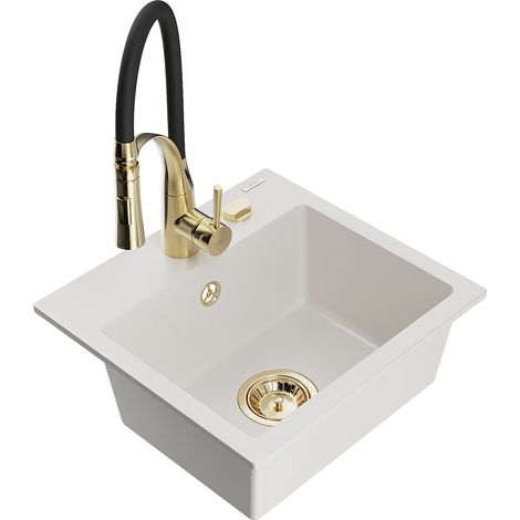 Mexen Milo fregadero de granito de 1 compartimento con grifo de cocina Aster, blanco - 6505-20-73450-57-G (1/5)
