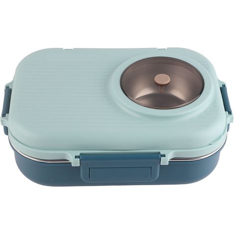 Isolierte Lunchbox 1100 ml, doppelwandig, 3 Fächer, aus Edelstahl 304, mit Essstäbchen, Löffel und blauer Suppenschüssel. (1/5)