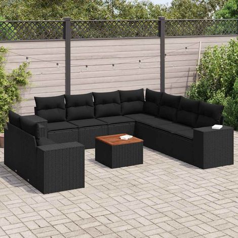 vidaXL Set de sofás de jardín 10 pzas cojines ratán sintético negro (1/3)