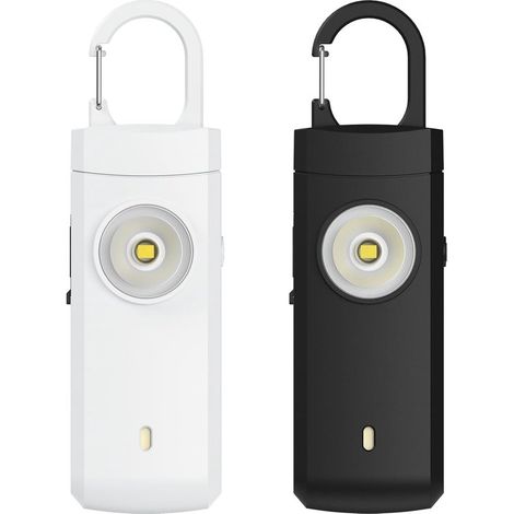 Alarme personnelle, lot de 2, son puissant (130 dB) et lumière clignotante, porte-clés d'autodéfense, signal d'urgence, pour personnes âgées, blanc et noir (1/5)