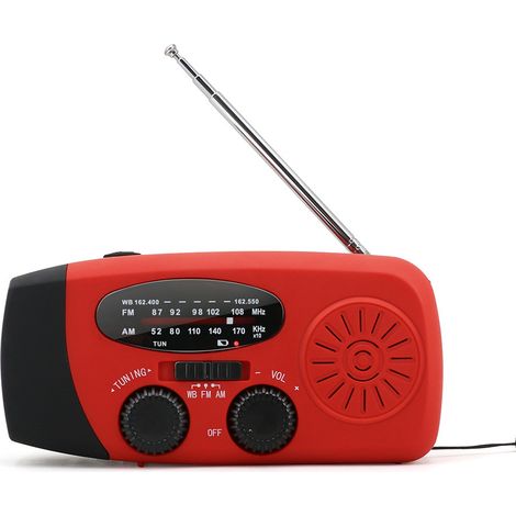 Radio d'urgence portable avec manivelle, batterie et lampe extérieure, idéale pour la survie en milieu naturel, rouge (1/5)