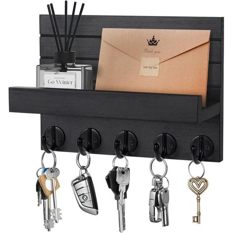 Wooden wall-mounted key and mail rack with 5 hooks, for living room, bathroom, kitchen, entryway and hallway - Black (1/4)