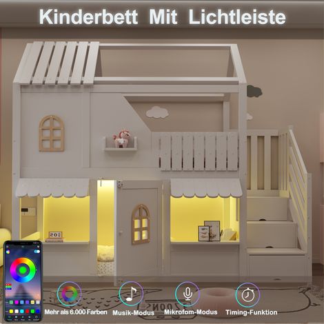 Lit superposé enfant 90x200 cm, design maison avec fenêtres, toit, avant-toit, garde-corps et porte, échelle de rangement, LED et étagères, mezzanine, blanc, design ludique (1/5)