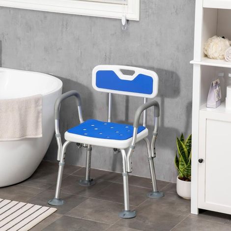 Duschhocker, ergonomischer Duschstuhl, höhenverstellbar, rutschfeste Füße, 56,5 x 53,5 x 87 cm, weiß und blau