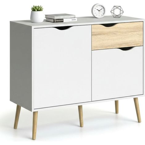 Dmora Credenza a due ante e un cassetto, colore bianco e rovere, Misure 98 x 81 x 39 cm, con imballo rinforzato