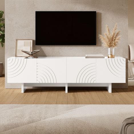 Meuble TV Blanc 170 cm avec 4 Portes à Relief Géométrique en Arches, Passages de Câbles et Dispositif Anti-Bascule, Meuble de Salon Bas Scandi Moderne (1/5)