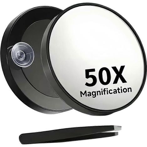 Miroir de maquillage grossissant x50 avec ventouse et pince à épiler, idéal pour les voyages et les soins de la peau précis. (1/5)
