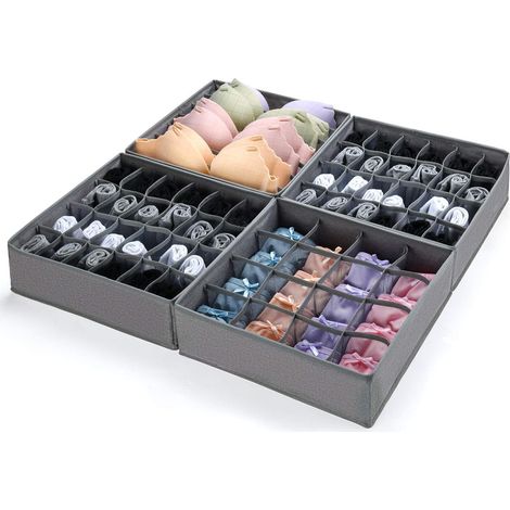 Schrank Organizer 4er Set Unterwäsche Schubladen Organizer Schubladen Organizer Faltbar Unterwäsche BH Krawatte Seidenschal Taschentuch Socken Babykleidung 32 x 32 x 10 cm (Grau) (1/5)