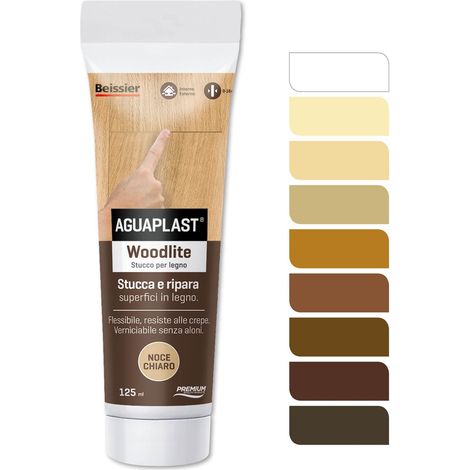Aguaplast Woodlite stucco per legno colorato. Fibrato, resiste alle dilatazioni fino al 20%. Ideale per buchi e crepe in mano unica senza ritiro. Noce chiaro