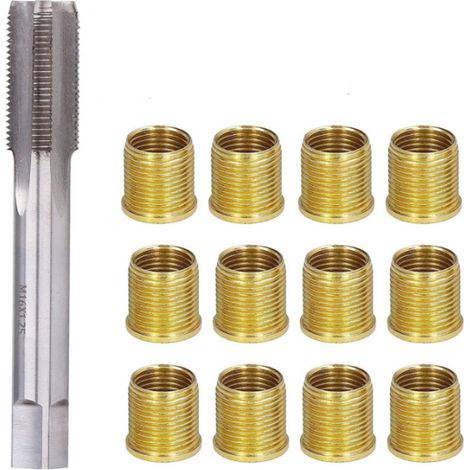 Kit de réparation de filetage de bougie d'allumage - 13 pièces - 12 inserts de vis M14 et 1 clé à bougie M16 - Manuel d'utilisation - Métal - Or et argent - Pour la réparation des filetages de bougies (1/4)