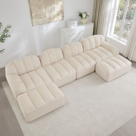 Divano modulare a U 4 posti con 2 pouf, beige, 366 x 165 x 79 cm DESVIAE (1/5)