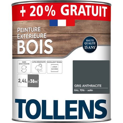 Tollens – Peinture bois extérieur 2 en 1 satin gris anthracite RAL 7016 2L – Ultra résistante aux intempéries – Rendement 38m²