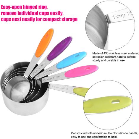 Set mit 5 Messbechern aus Edelstahl, Küchenutensilien für Zucker, Kaffee, Milch, Backzubehör (1/5)