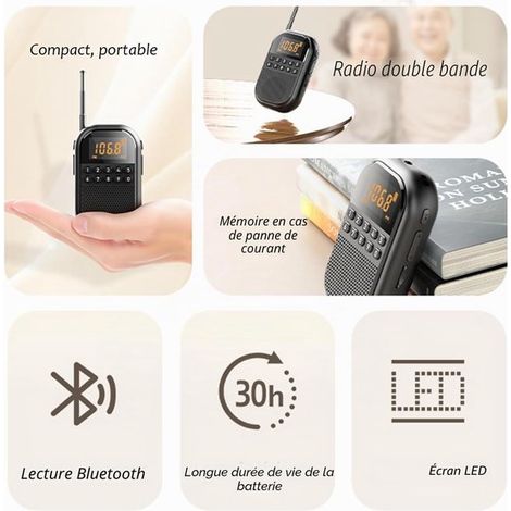 Radio tascabile AM/FM con altoparlante Bluetooth, mini sintonizzatore digitale ricaricabile, supporto per scheda TF, display a LED, timer. (1/5)