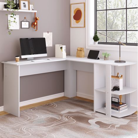Scrivania angolare FloraGrace 140x140x75 cm bianca in pannelli di legno con ripiani (1/5)