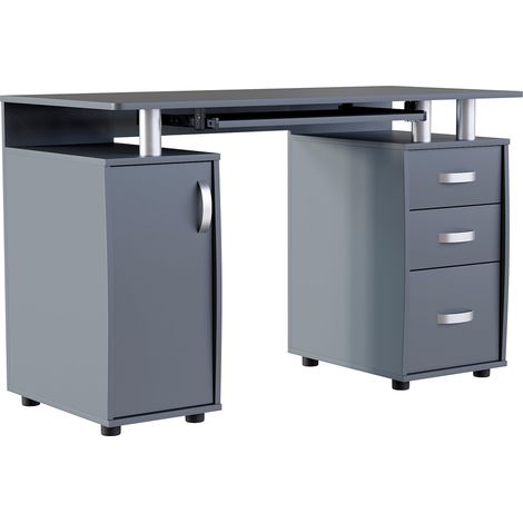 Otley Computer Desk 3 Drawer PC Workstation Shelves Storage Home Office Table, Grey