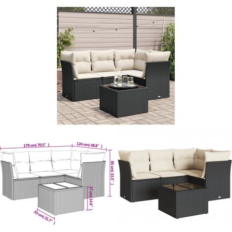 5-tlg. Garten-Sofagarnitur mit Kissen Schwarz Poly Rattan - Gartenmöbel Set - PE-Rattan Möbel - Outdoor Sofa - Esstisch Set - Balkonmöbel - Home & Living (1/3)