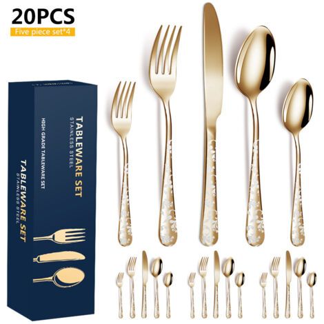 Pair Lot de 20 couverts en acier inoxydable poli avec miroir de fleurs comprenant couteau, fourchette, cuillères à café pour cuisine, restaurant, fête (doré)