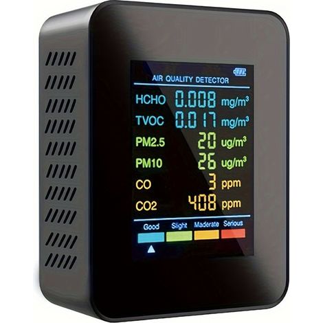 Moniteur de qualité de l'air 6 en 1 haut de gamme - Détecteur précis de CO2, CO, PM2,5, PM10, HCHO et COVT avec grand écran LCD, rechargeable par USB (1/5)