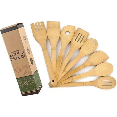 Lot de 8 Ustensiles de Cuisine en Bambou, Cuillères et Spatules en Bois, Anti-adhésifs et Wok, Spatule Pelle, Ensemble D\\'ustensiles (1/4)