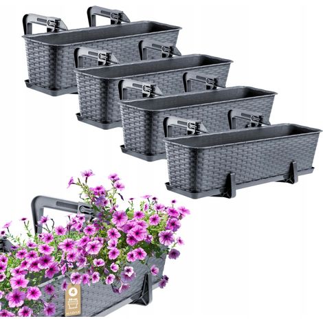 Kadax – Balconnière suspendue 60 cm en plastique aspect rotin – Soucoupe intégrée – Résistante aux UV – Lot de 4 – Pour rosiers et lauriers roses