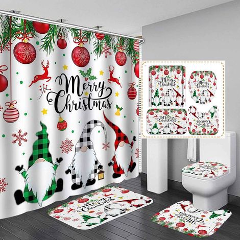 Rideau De Douche - Tapis De Salle De Bain - Tapis De Toilette - Housse De Couvercle De Cuve - Motif Noël Ferme Rouge À Carreaux - 4 Pièces (1/5)