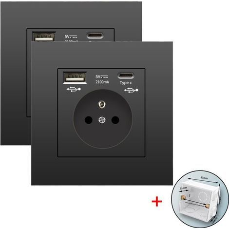 Lot de 2 prises murales avec USB et Type-C 5V 2,1A norme UE - Multiprise encastrée 110-250V (noir) (1/3)