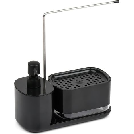 Distributeur Liquide Vaisselle avec Support Eponge Porte Eponge Evier Cuisine, Organisateur d'évier Noir avec Récipient Liquide Vaisselle, Porte-éponge, Porte Torchon