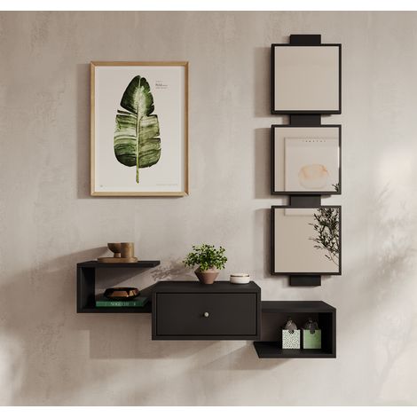 Flurmöbel mit Spiegel Garderobenset Dielenmöbel Hängend Wandschrank 1 Schublade Wandgarderobe Korridormöbel 99,5x145x22cm Schwarz Modell Neo