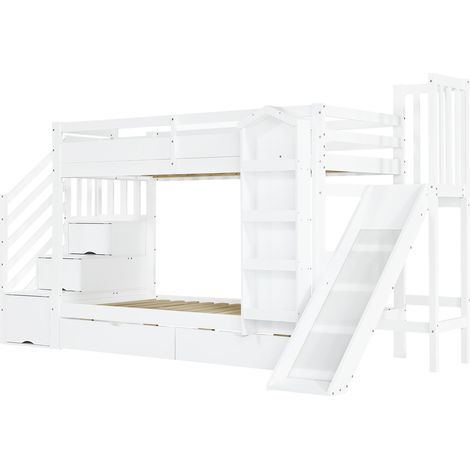 Lit superposé enfant 90x200 cm avec toboggan, escalier rangement et tiroirs blanc (1/5)